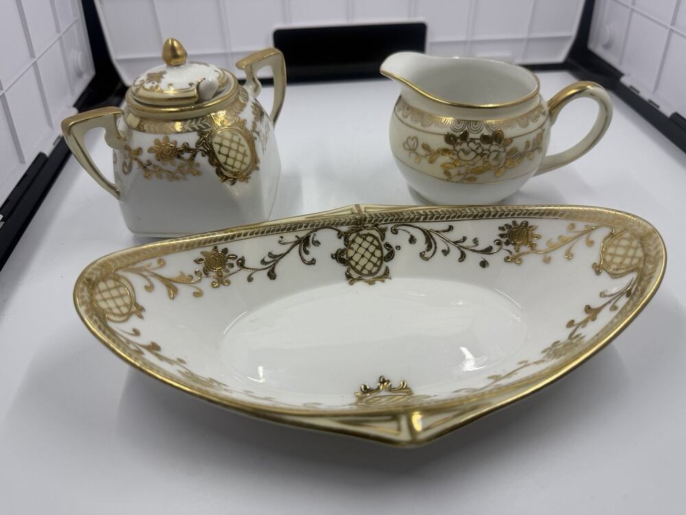 Antique Hand Painted Noritake Nippon Tea Set/Coffee Set, White & Gold Serving